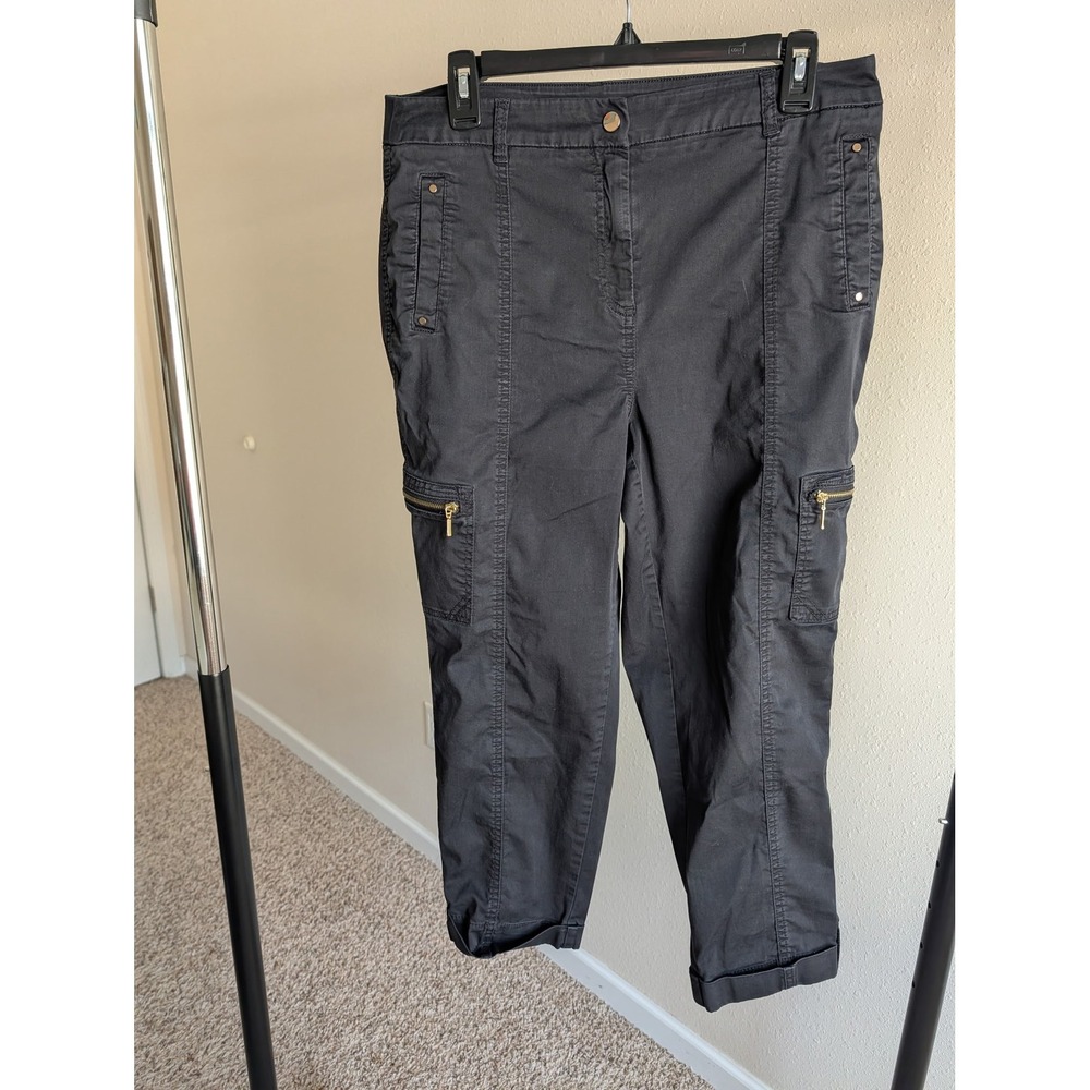 Chicos Black Cargo Crop Pants Womens Size 1 Medium Cotton Blend Utility Trousers